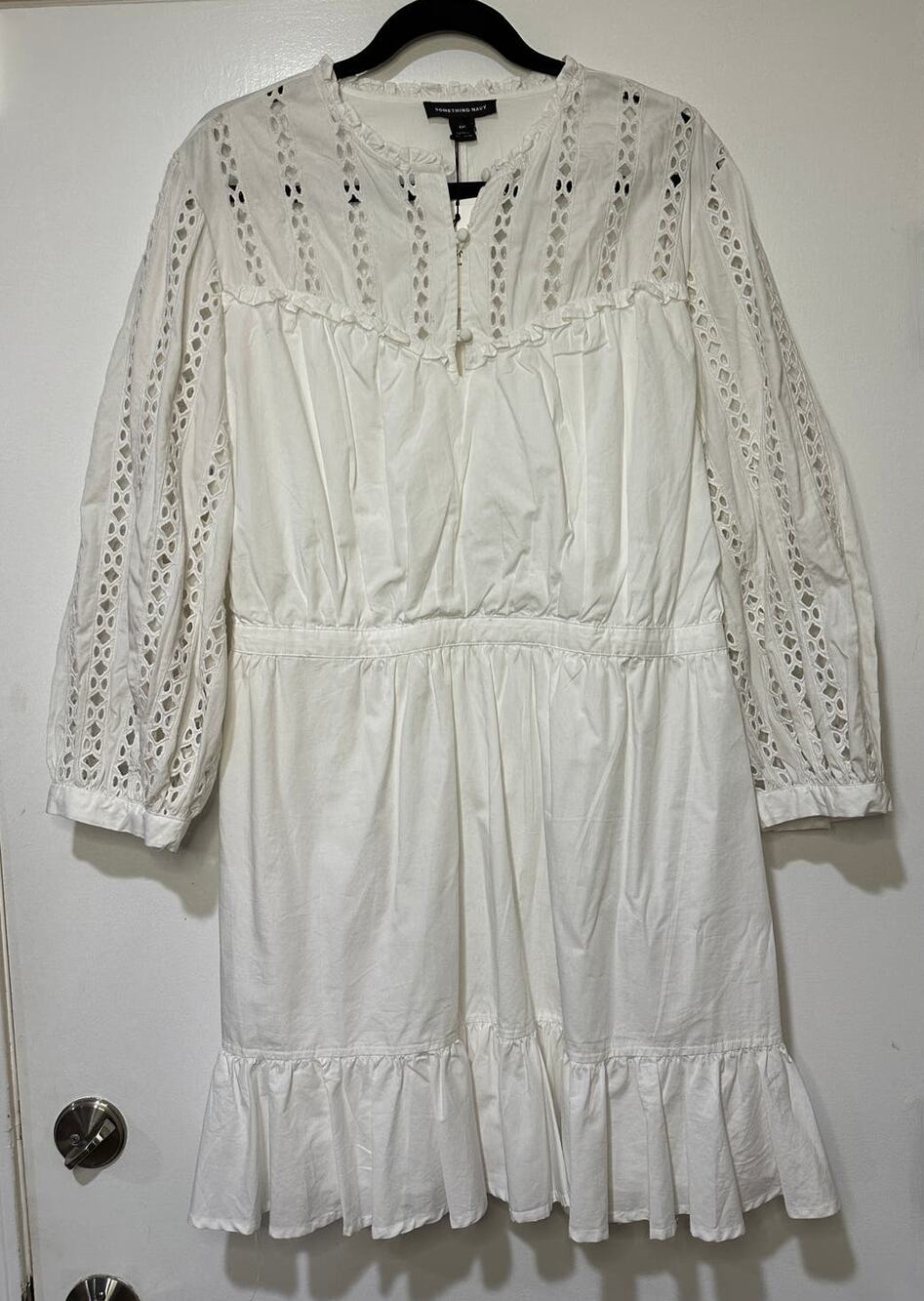 Something Navy Women's Long Sleeve Dress White Eyelet Cinch Waist Size XXL NWT
